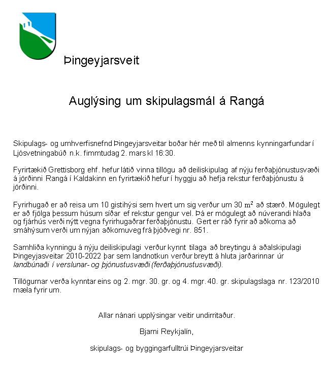 Auglýsing um skipulagsmál á Rangá