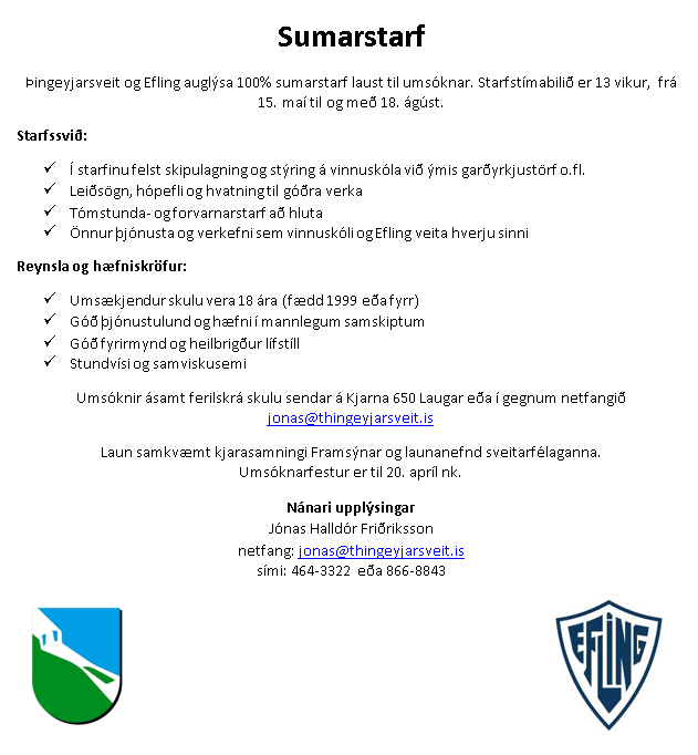Þingeyjarsveit og Efling auglýsa 100% sumarstarf til umsóknar
